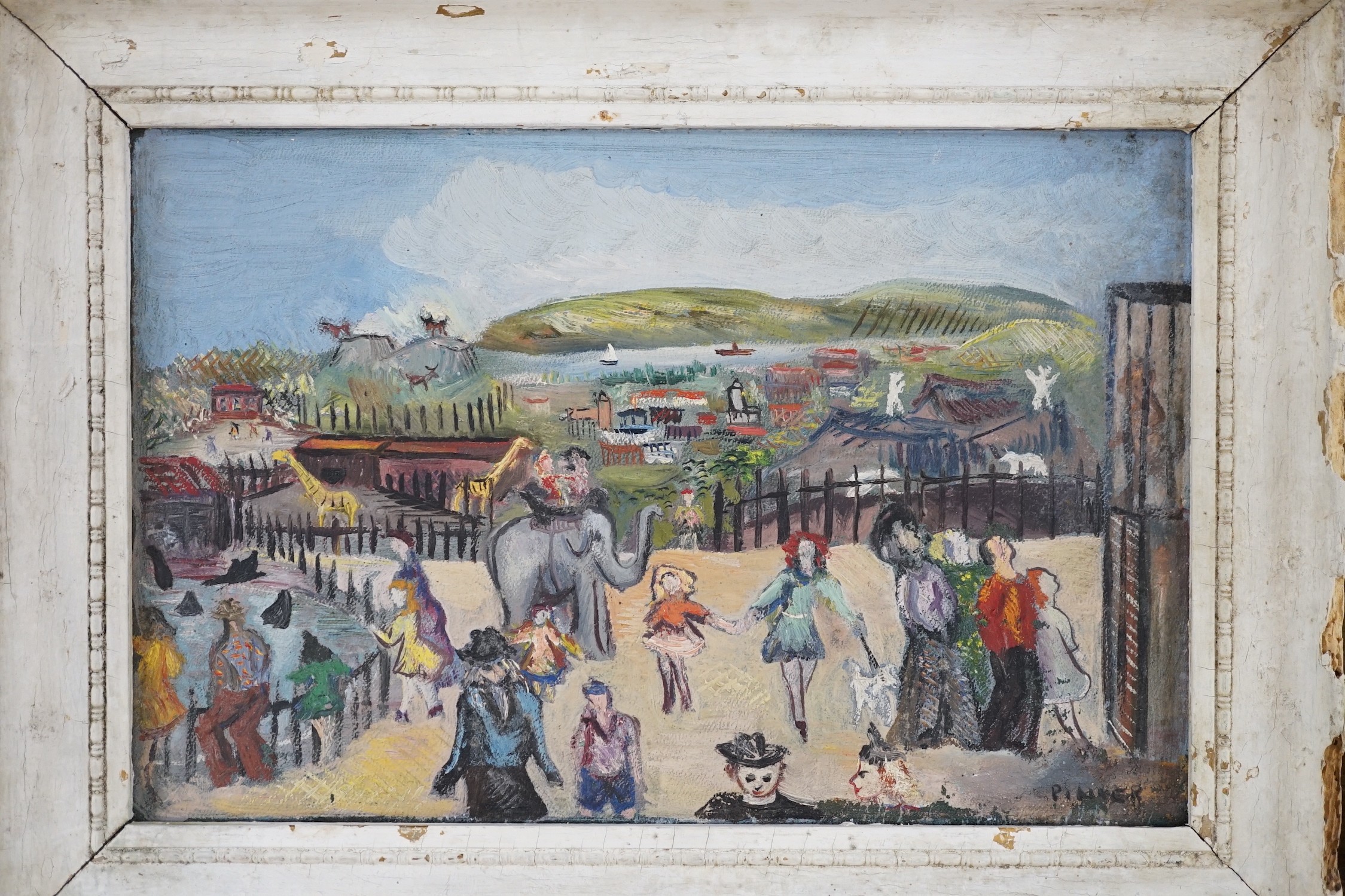 Pinder, oil on canvas laid on board, 'At The Zoo', signed, 19 x 29cm